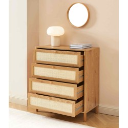 Commode HAIDA 4 tiroirs effet chêne et cannage rotin 42cm