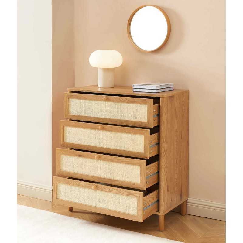 Commode HAIDA 4 tiroirs effet chêne et cannage rotin 42cm
