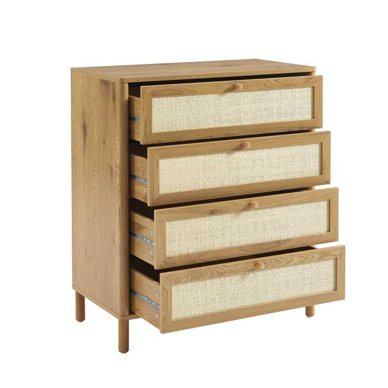 Commode HAIDA 4 tiroirs effet chêne et cannage rotin 42cm