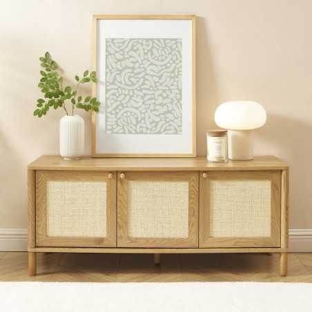 Meuble TV HAIDA effet chêne et cannage rotin 120cm