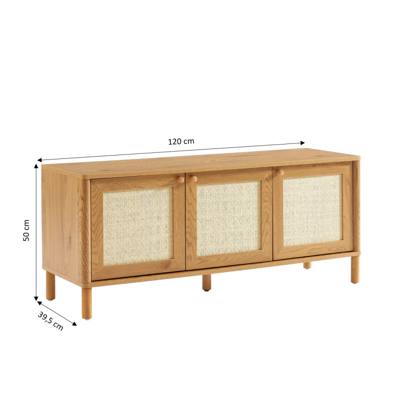 Meuble TV HAIDA effet chêne et cannage rotin 120cm