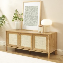 Meuble TV HAIDA effet chêne et cannage rotin 120cm