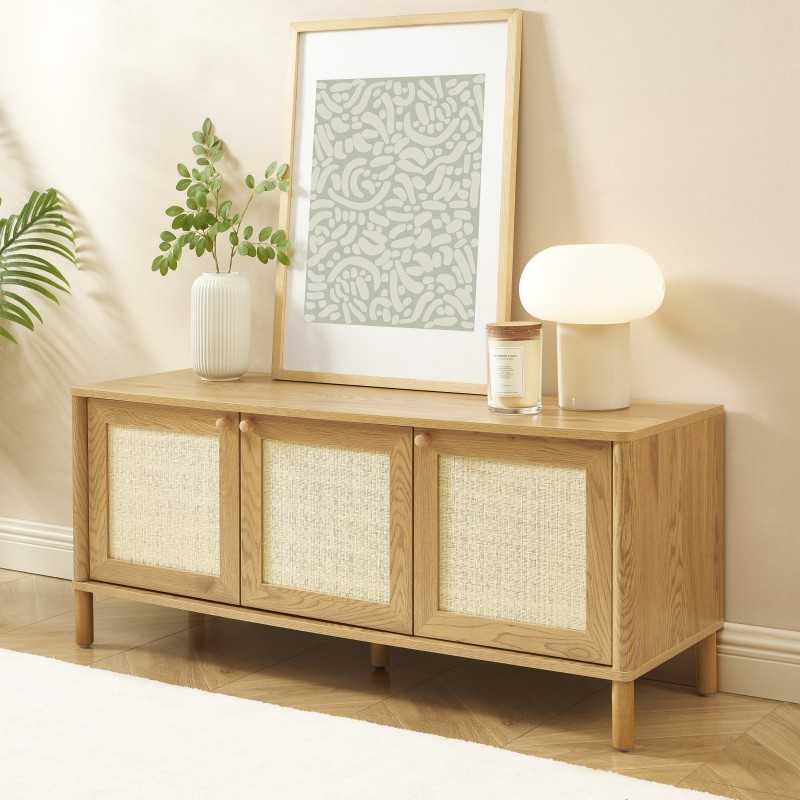 Meuble TV HAIDA effet chêne et cannage rotin 120cm