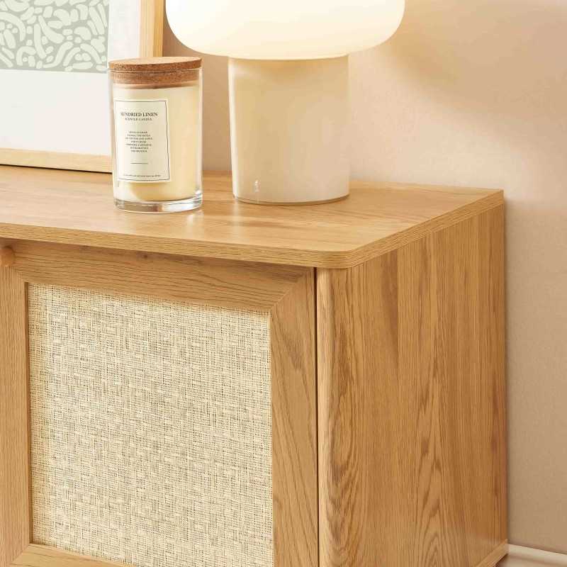 Meuble TV HAIDA effet chêne et cannage rotin 120cm