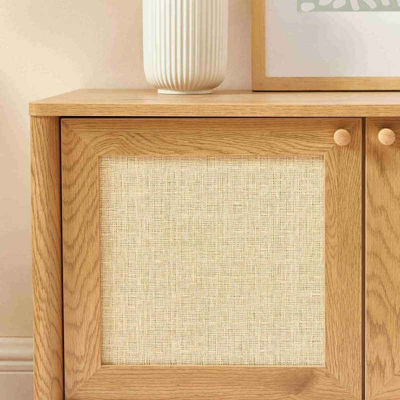 Meuble TV HAIDA effet chêne et cannage rotin 120cm