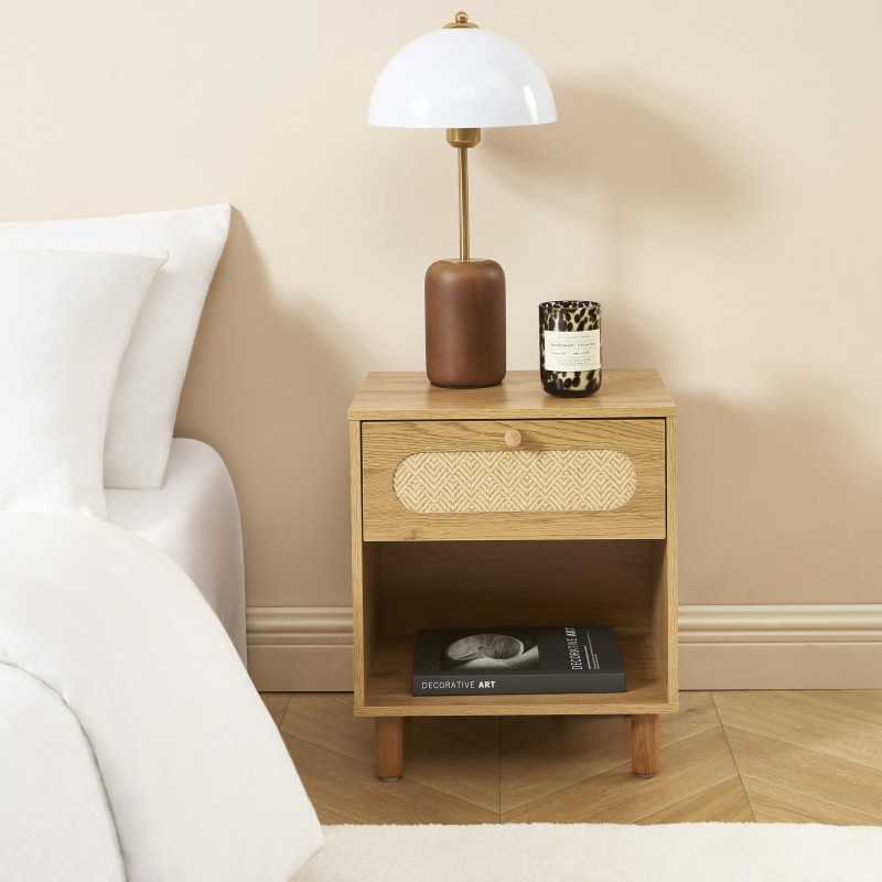 Table de chevet BAAMA effet chêne et cannage rotin 1 tiroir