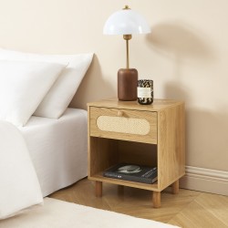 Table de chevet BAAMA effet chêne et cannage rotin 1 tiroir