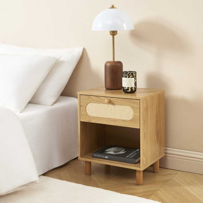 Table de chevet BAAMA effet chêne et cannage rotin 1 tiroir