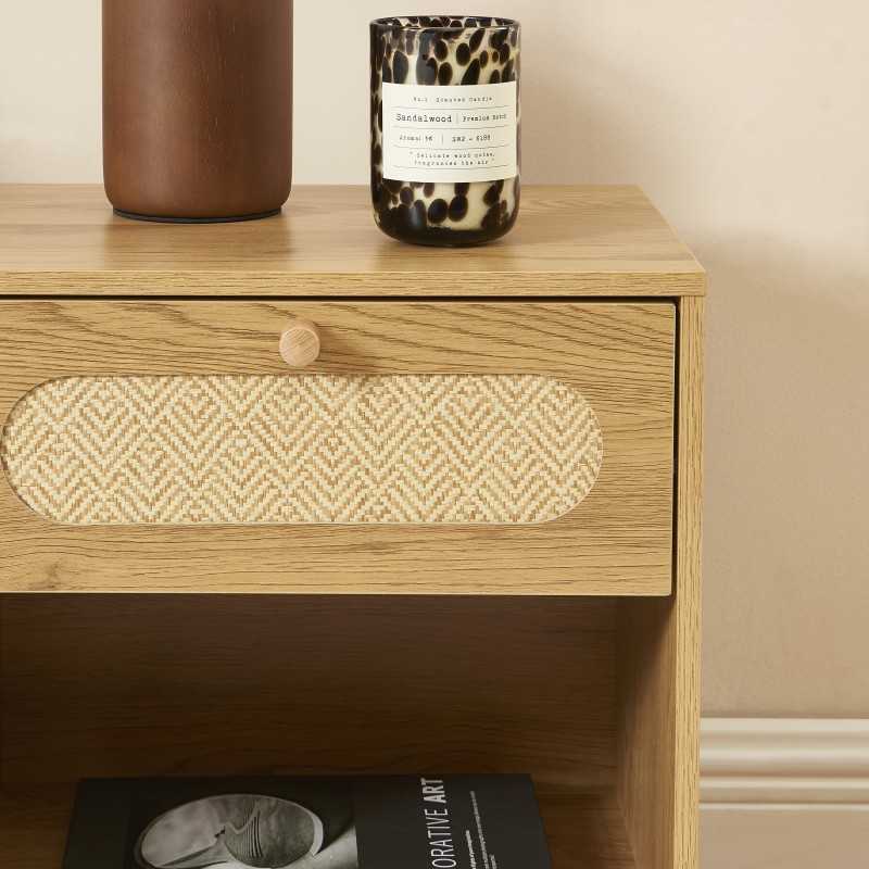 Table de chevet BAAMA effet chêne et cannage rotin 1 tiroir