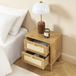 Table de chevet HAIDA effet chêne et cannage rotin 2 tiroirs