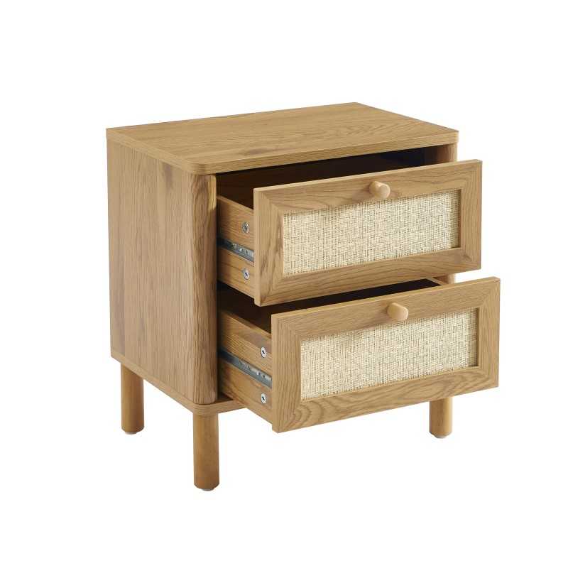 Table de chevet HAIDA effet chêne et cannage rotin 2 tiroirs