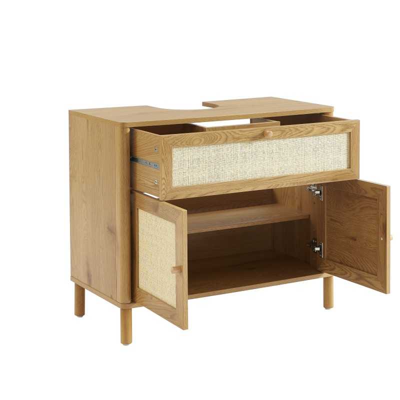 Meuble de salle de bain HAIDA effet chêne et cannage rotin 39,5cm