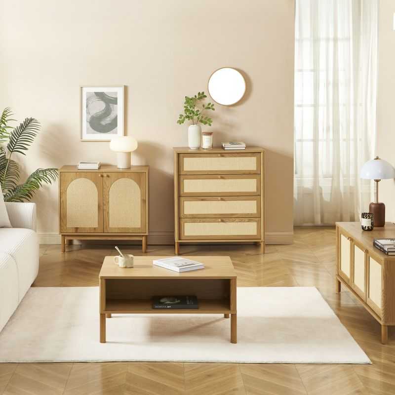 Buffet BAAMA effet chêne et cannage rotin 2 portes 80cm