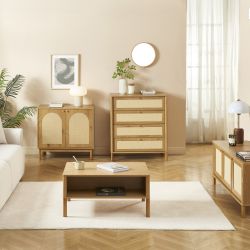 Commode HAIDA 4 tiroirs effet chêne et cannage rotin 42cm