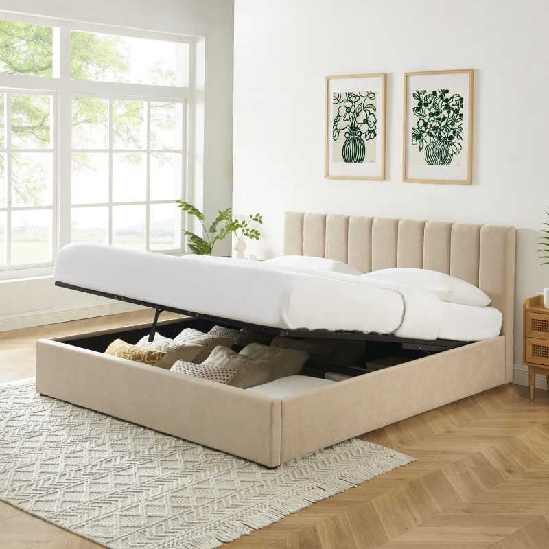 Lit coffre MARIUS 180x200 tissu beige sommier inclus