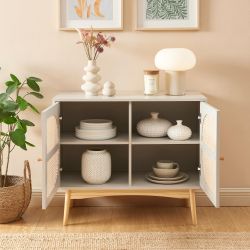 Buffet SIXTINE cannage rotin et gris perle 2 portes 90cm