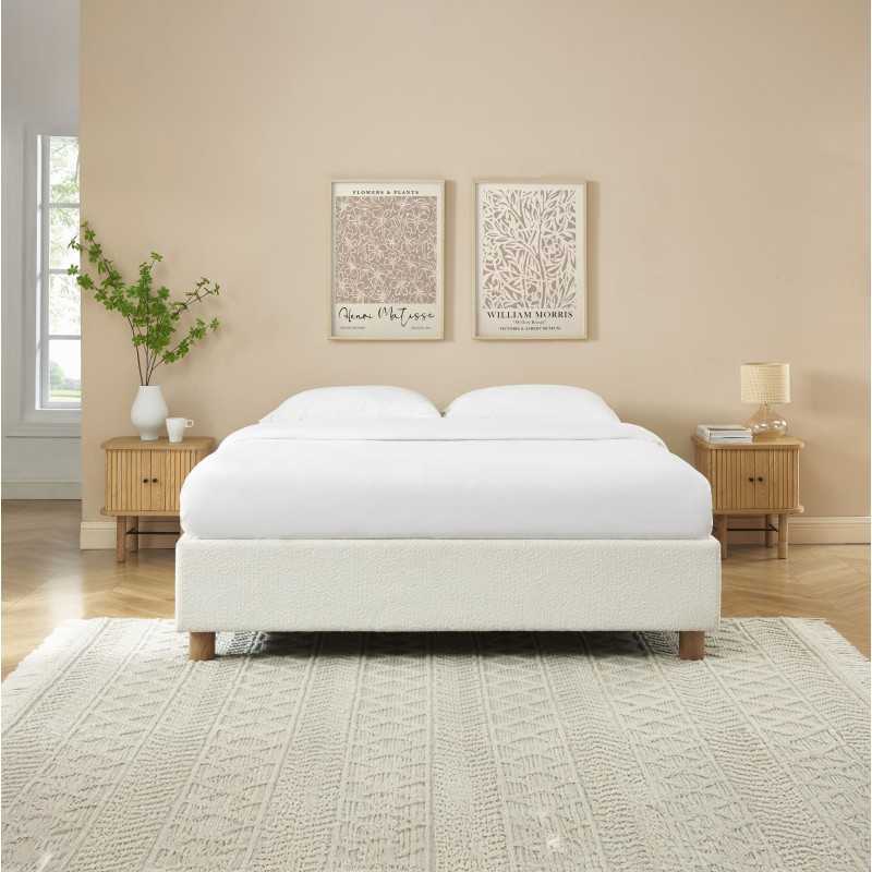 Lit coffre KORALL 140x190 tissu bouclettes écru sommier inclus