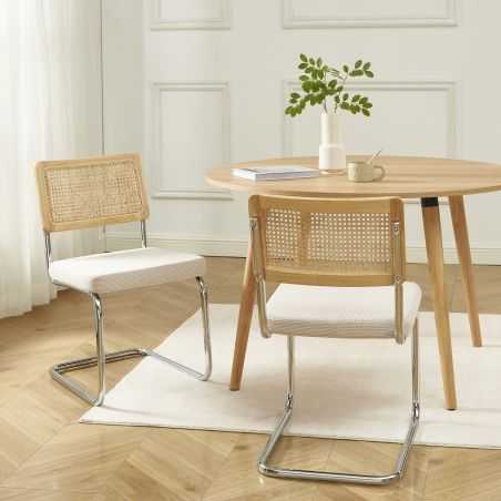 Lot de 2 chaises ELLA cannage et velours côtelé écru pieds métal chromé