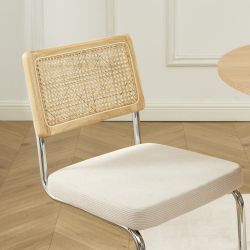 Lot de 2 chaises ELLA cannage et velours côtelé écru pieds métal chromé