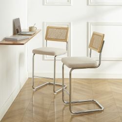 Lot de 2 Tabourets ELLA cannage velours côtelé beige
