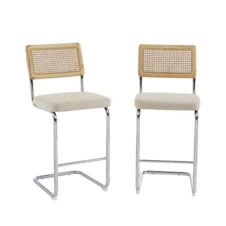 Lot de 2 Tabourets ELLA cannage velours côtelé beige
