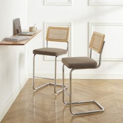 Lot de 2 Tabourets ELLA cannage velours côtelé grège