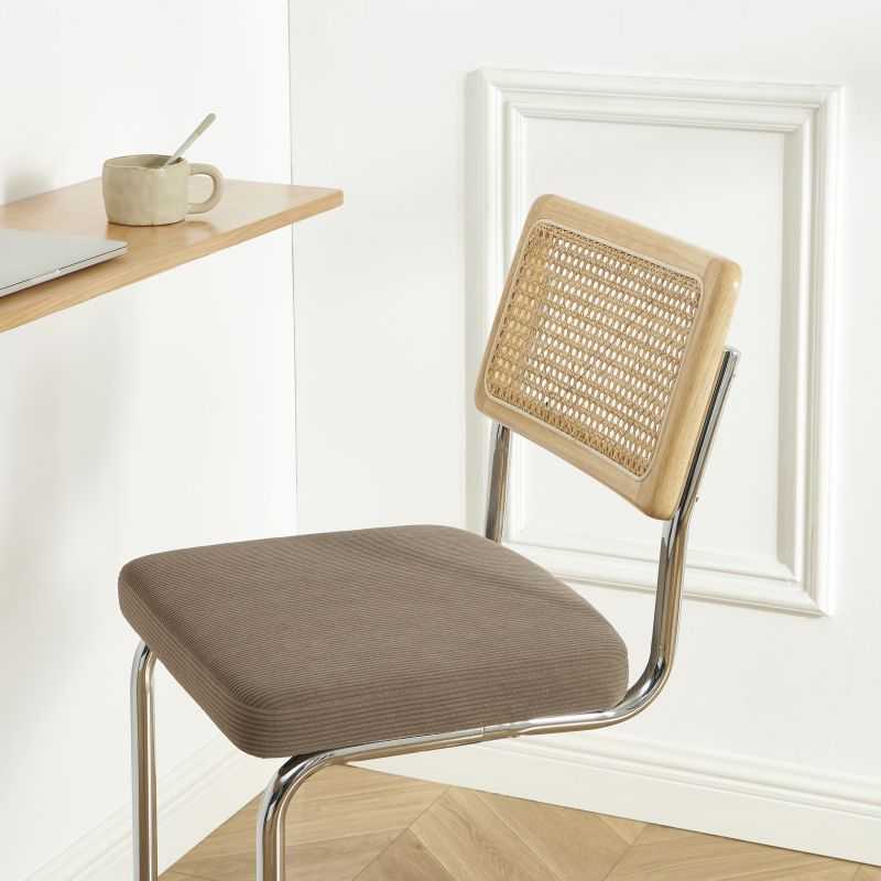 Lot de 2 Tabourets ELLA cannage velours côtelé grège