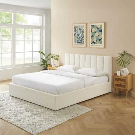 Lit coffre MARIUS 160x200 bouclette écrue sommier inclus