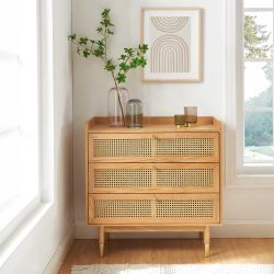 Commode LEON 3 tiroirs placage chêne et cannage rotin 85cm