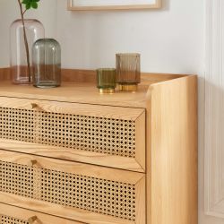 Commode LEON 3 tiroirs placage chêne et cannage rotin 85cm