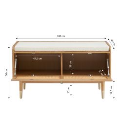 Banc à chaussures LEON placage chêne et cannage rotin 100cm