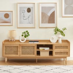 Meuble TV LEON placage chêne et cannage rotin 180cm