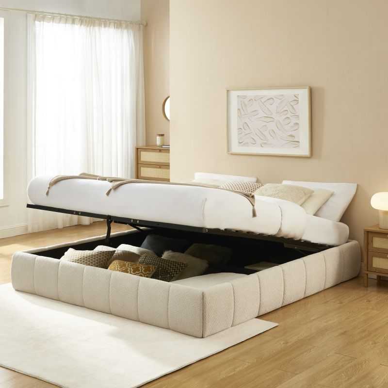 Lit coffre LAVINIA tissu beige 180x200 sommier inclus