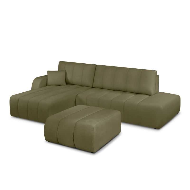 Canapé d'angle gauche convertible BELEM 4/5 places tissu chenille vert kaki