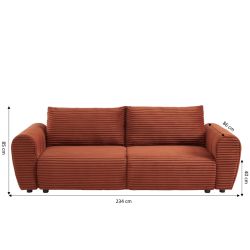 Canapé droit convertible LOIC 3 places en velours côtelé terracotta
