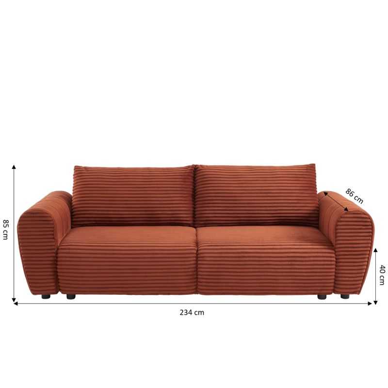 Canapé droit convertible LOIC 3 places en velours côtelé terracotta
