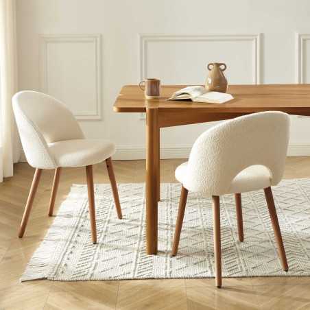 Lot de 2 chaises SIMONE tissu bouclette blanc cassé pieds bois teinté noyer