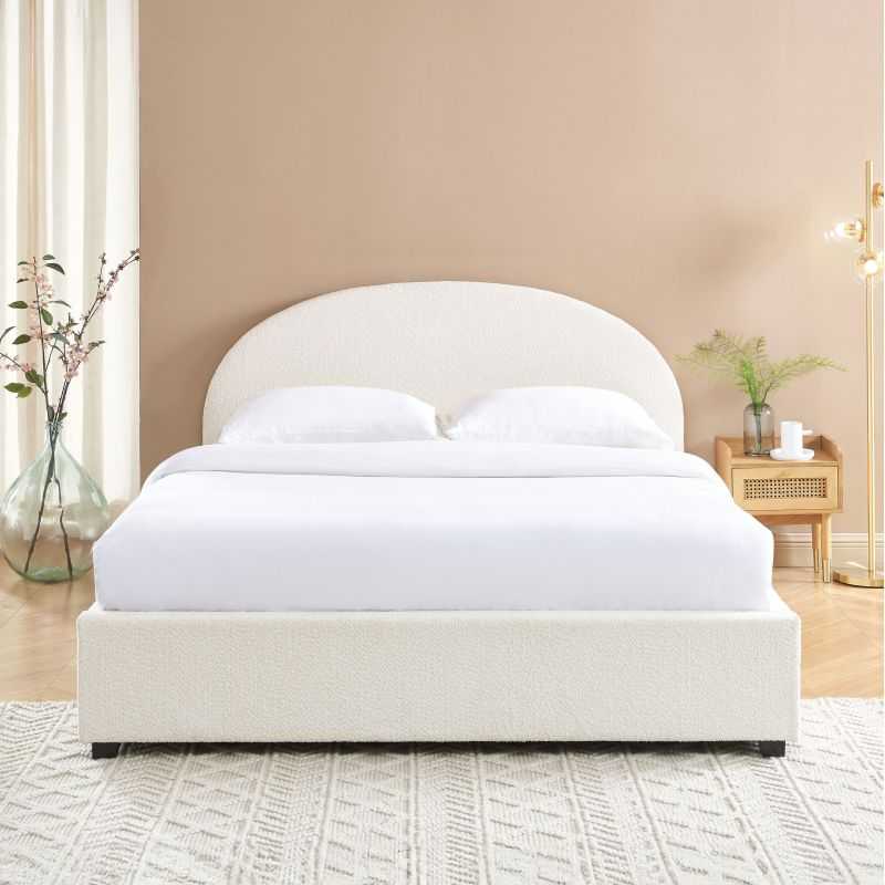 Lit coffre OLAF 160x200 tissu bouclette écru sommier inclus