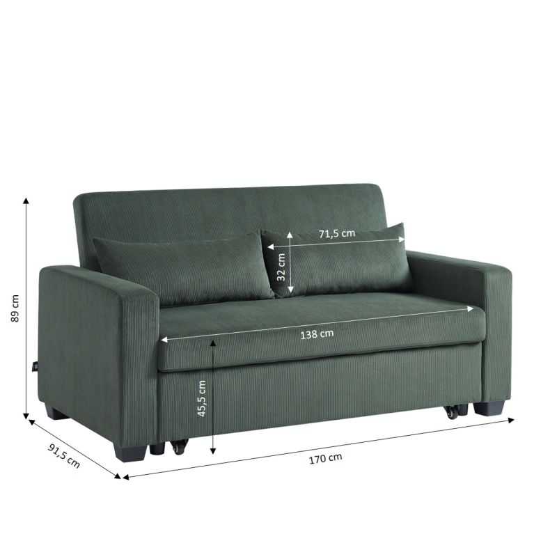 Canapé droit EVA convertible velours côtelé vert 3 places