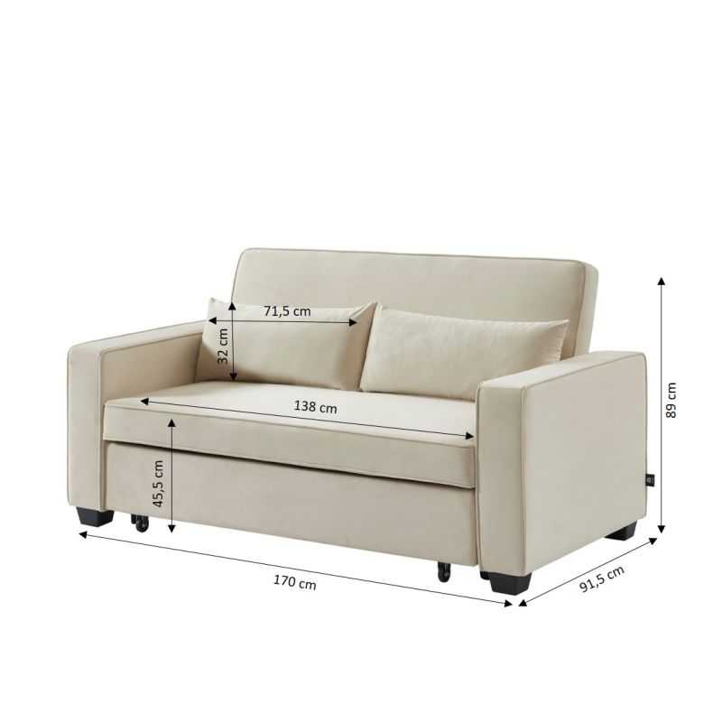 Canapé droit LENA convertible velours beige 3 places