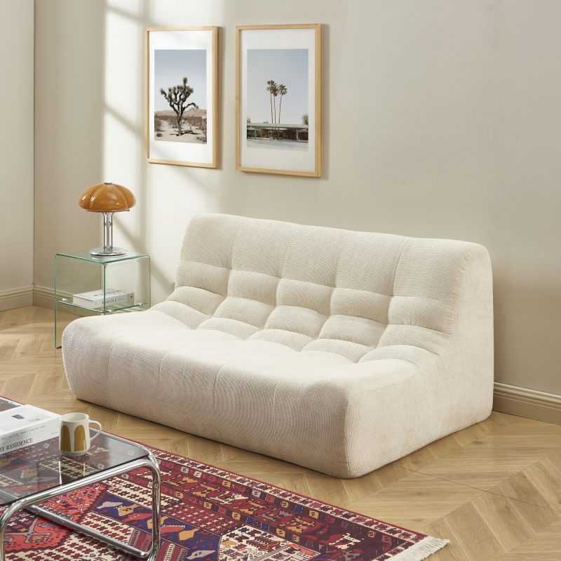 Ensemble banquette et chauffeuse JANIS modulable 3 places tissu chenille écru