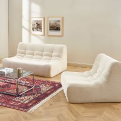 Ensemble banquette et chauffeuse JANIS modulable 3 places tissu chenille écru