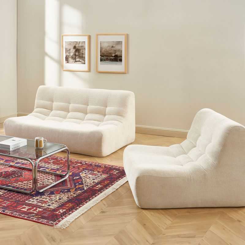 Ensemble banquette et chauffeuse JANIS modulable 3 places tissu chenille écru