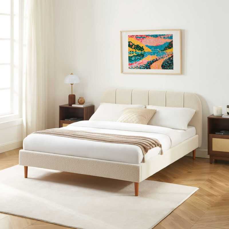 Lit YUME tissu bouclette beige 140x190 sommier inclus