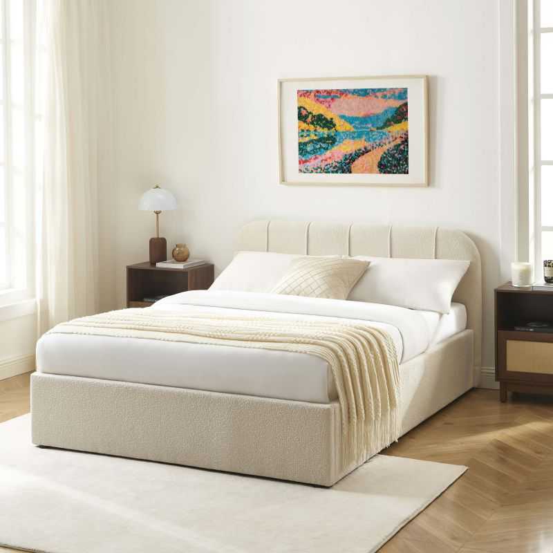 Lit coffre YUME tissu chenille beige 140x190 sommier inclus