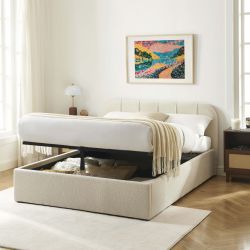 Lit coffre YUME tissu chenille beige 140x190 sommier inclus