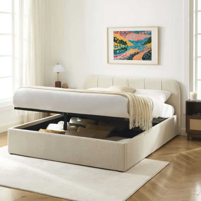 Lit coffre YUME tissu chenille beige 160x200 sommier inclus