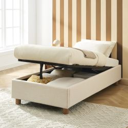 Lit coffre KORALL 90x190 tissu beige lin sommier inclus