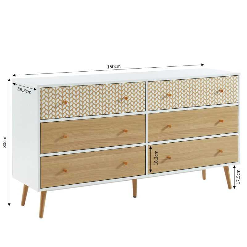 Commode CAPUCINE 6 tiroirs blanc et effet chêne 150cm