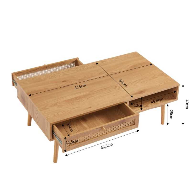 Table basse INES effet chêne et cannage rotin